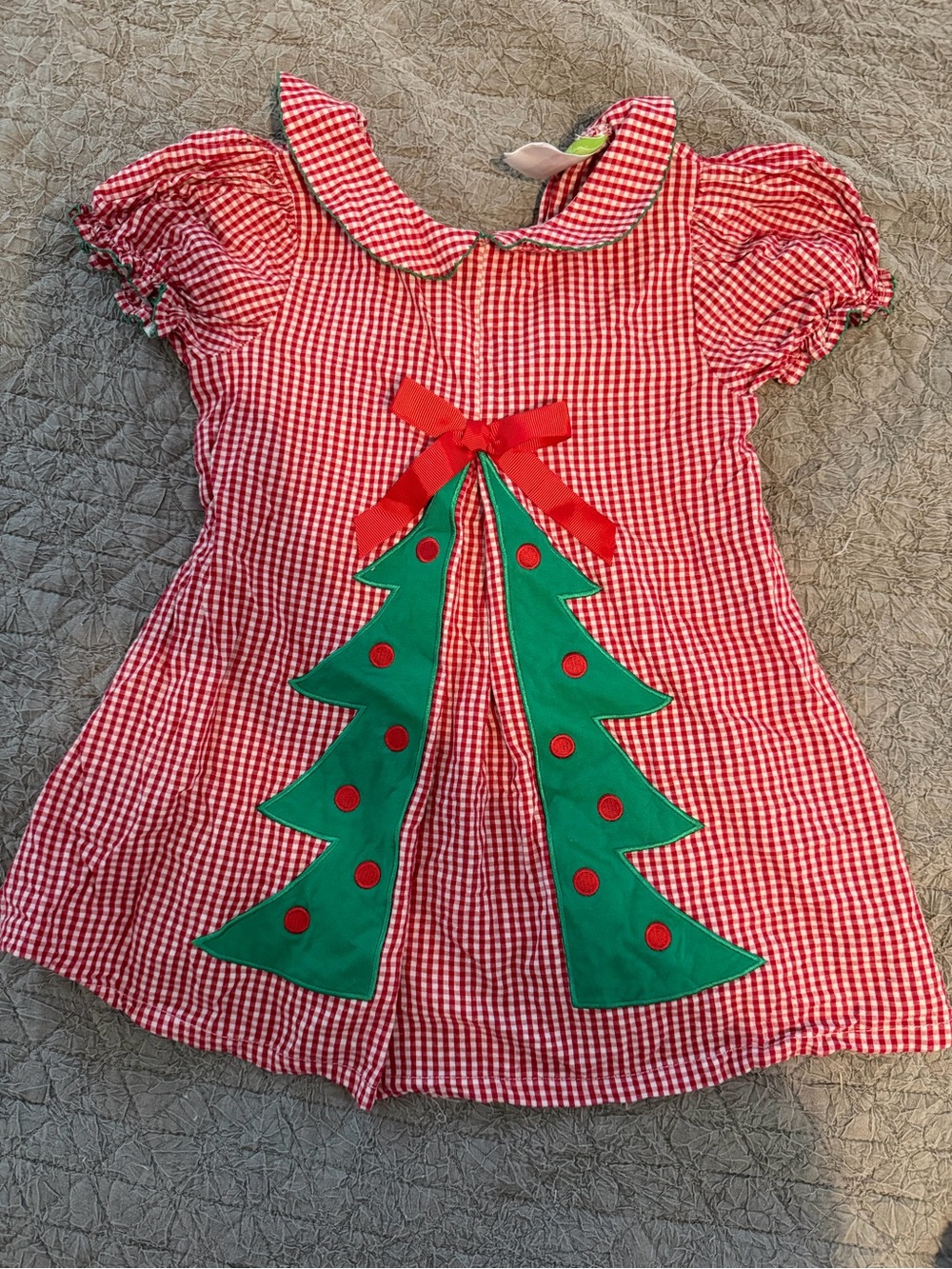 Red Gingham Holiday Dress with Green Tree Appliqué